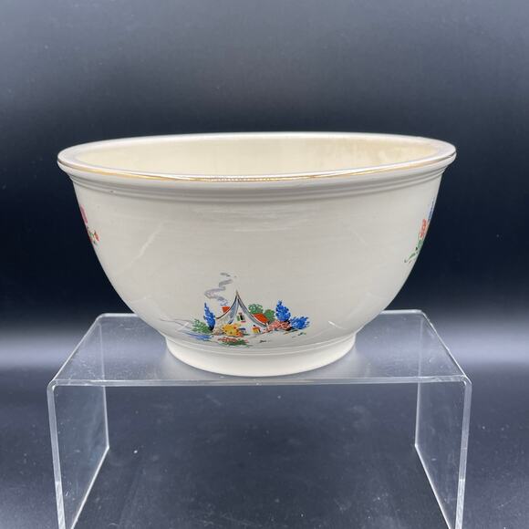 RARE Vintage Kitchen Kraft by HLC Doll\'s House Pattern Mixing Bowl with Gold Rim